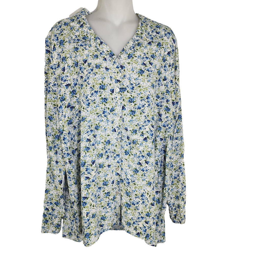 J Jill Women Blouse Rayon Button Up Collar Long Sleeve White Blue Floral Size L